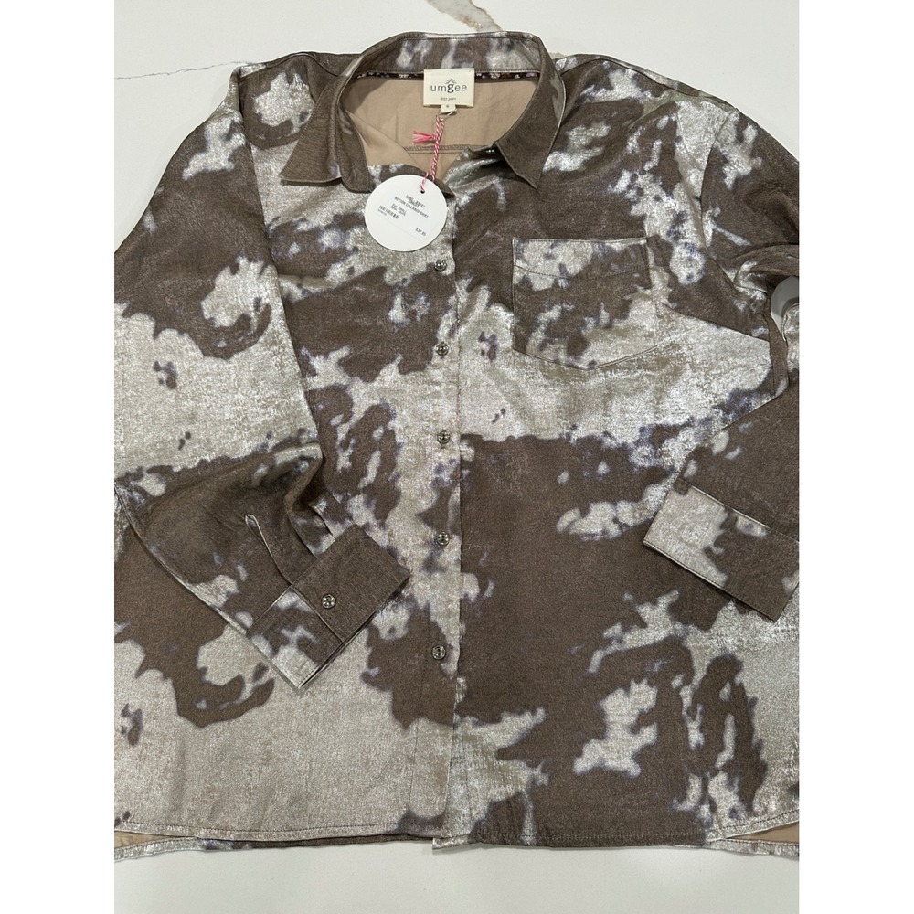 Umgee Womens Metallic Abstract Print Button Down Collared Shirt Taupe K9181 S